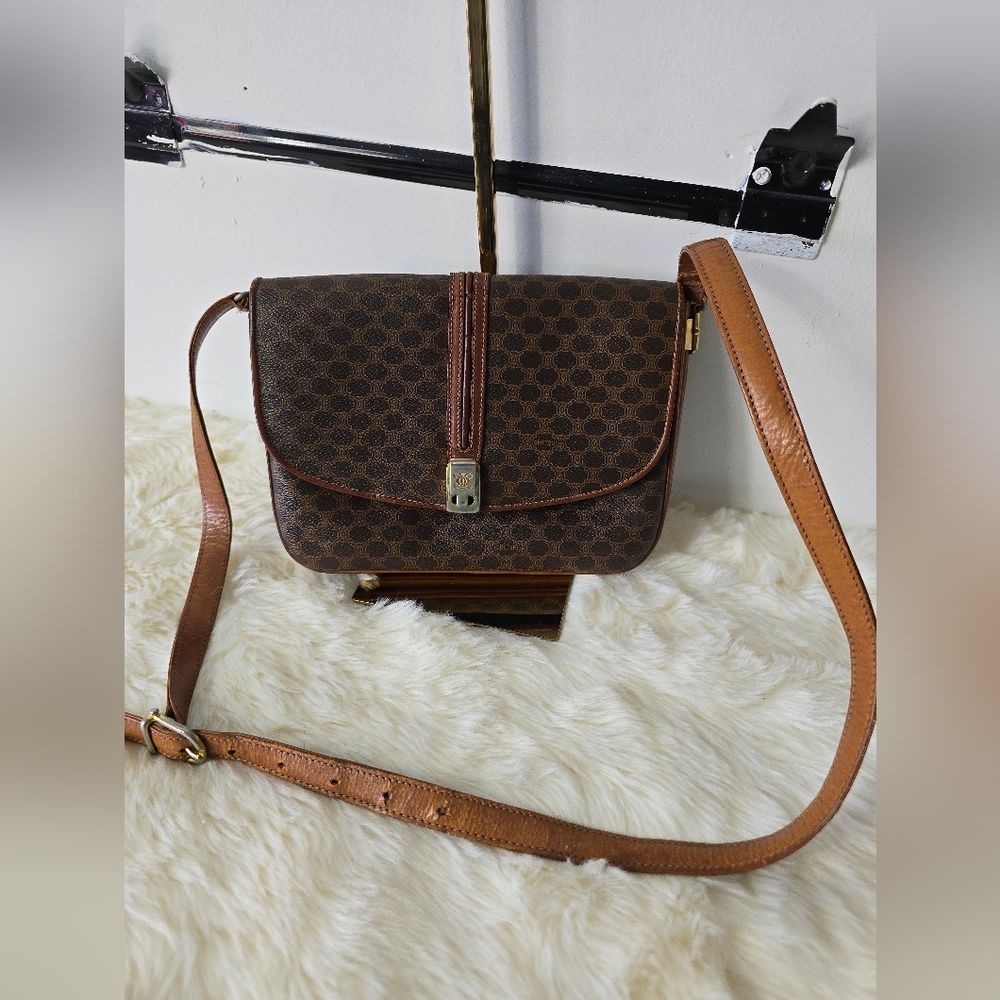 Celine Shoulder Bag Macadam Triomphe PVC Brown Leather Used From Japan